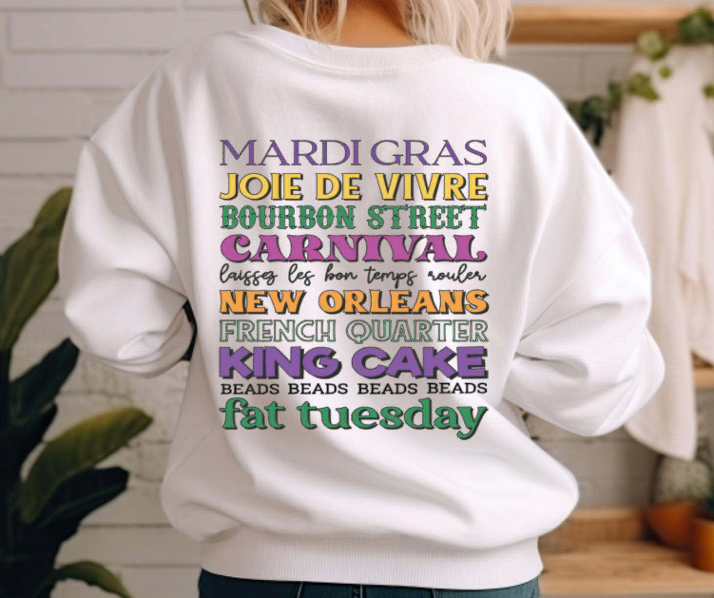 Mardi Gras Front & Back Design, White Sweatshirt or T-Shirt