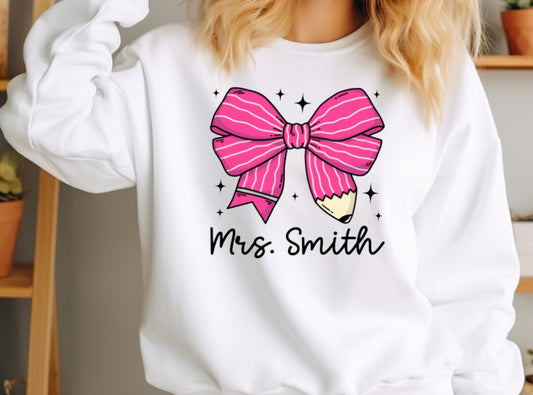 Pink Personalized Pencil Bow T-Shirt or Sweatshirt