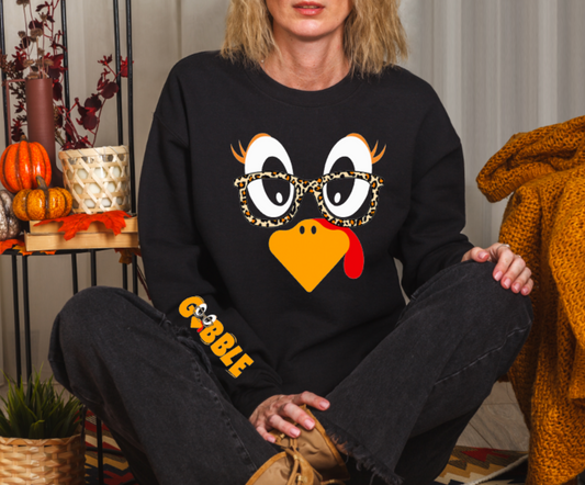 Gobble Turkey with Leopard Glasses Sweatshirt